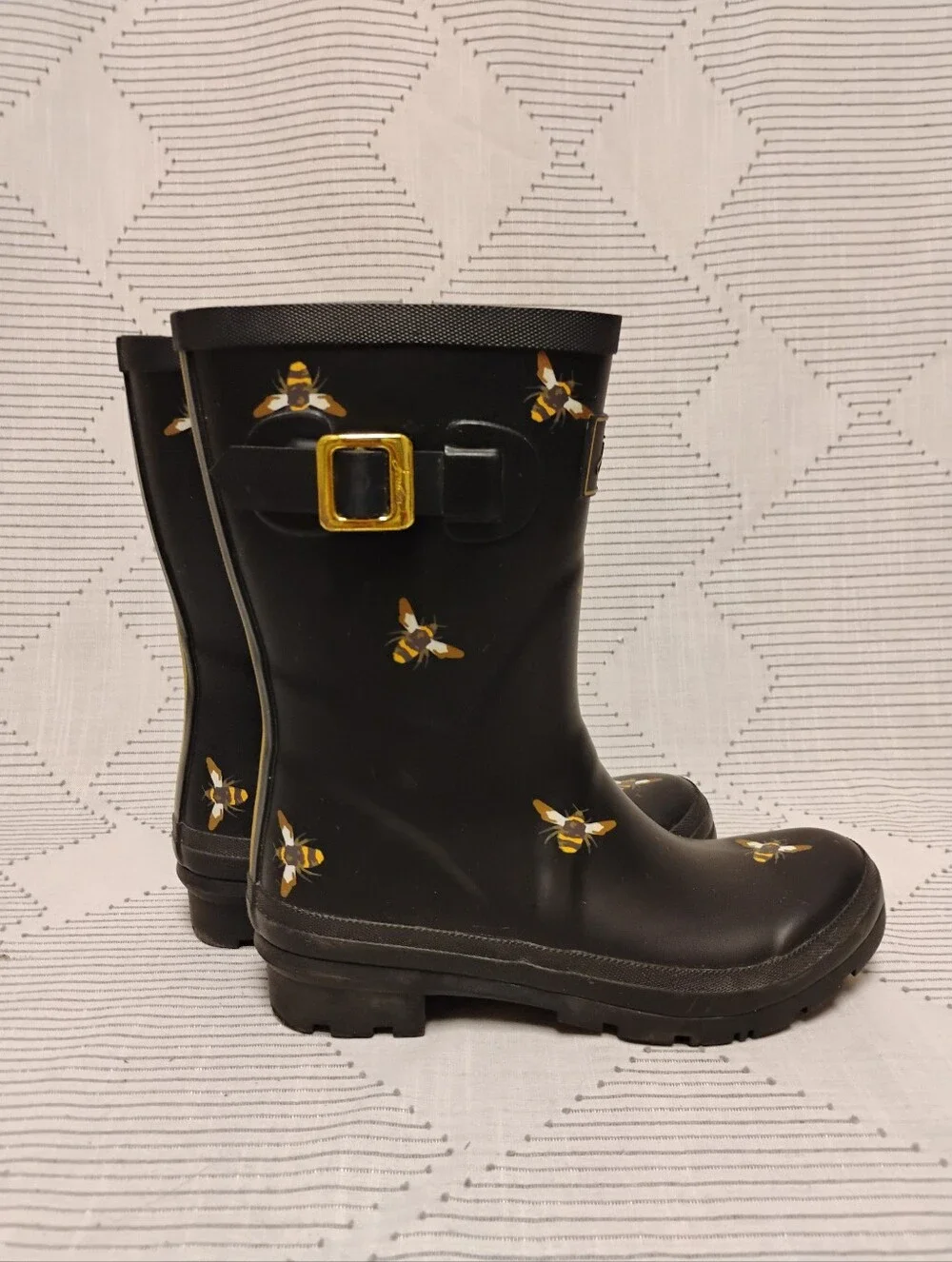Joules Molly Welly Rain Boots Black Bees Mid Height Rubber Gold Women's Size 6